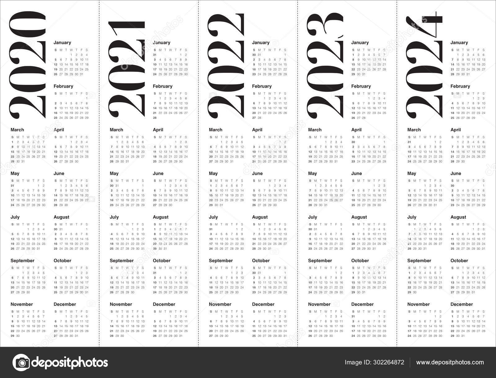 Year 2020 2021 2022 2023 2024 Calendar Vector Design Template Stock