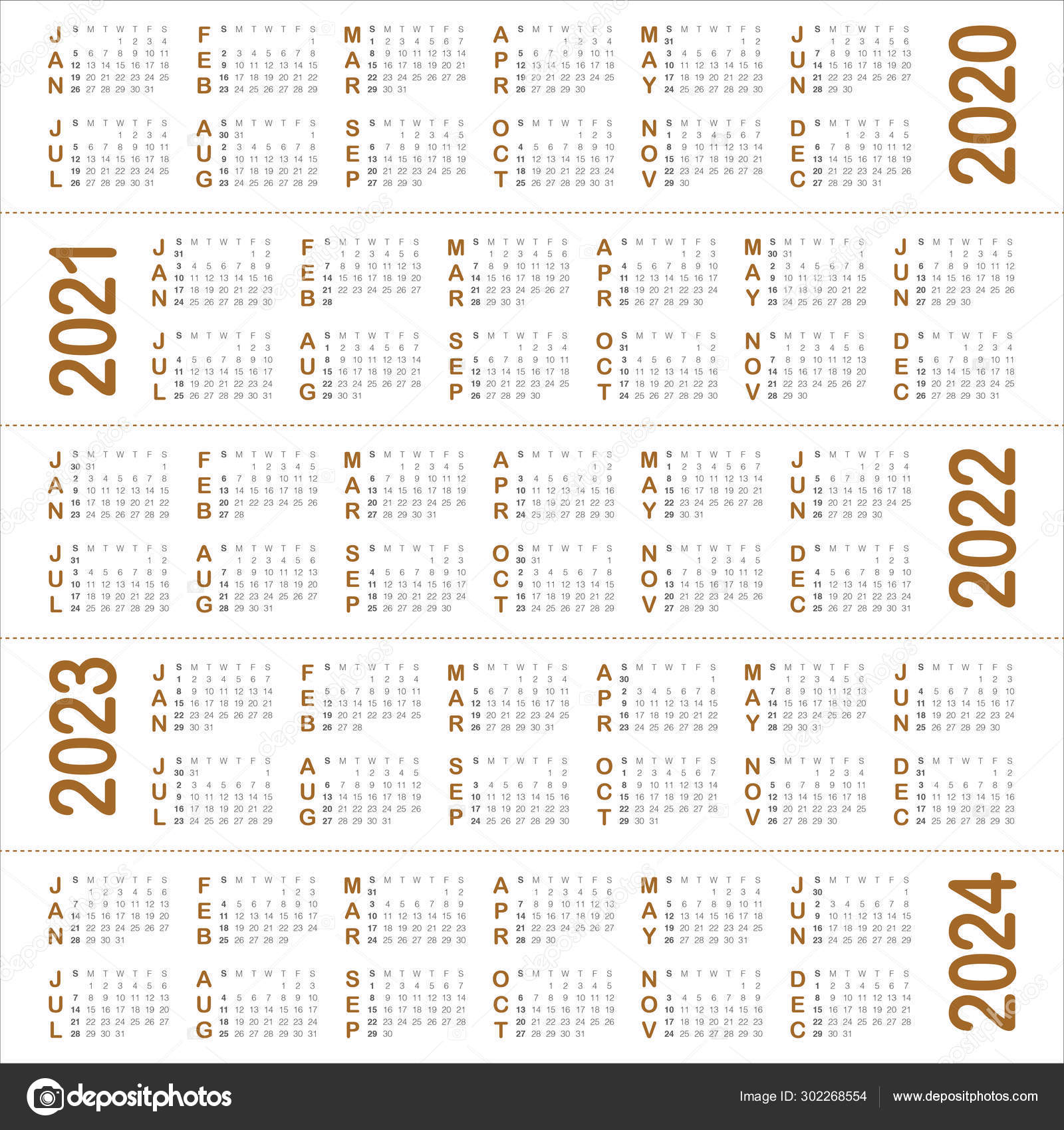 Year 2020 2021 2022 2023 2024 Calendar Vector Design Template Stock Photo By ©Dolphfynlow 302268554