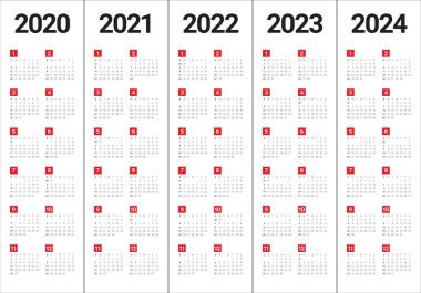 Yıl 2020 2021 2022 2023 2024 takvim vektör tasarım şablonu
