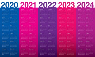 Yıl 2020 2021 2022 2023 2024 takvim vektör tasarım şablonu