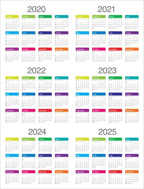 Yıl 2020 2021 2022 2023 2024 2025 takvim vektör tasarım templa