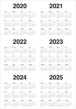 Yıl 2020 2021 2022 2023 2024 2025 takvim vektör tasarım templa