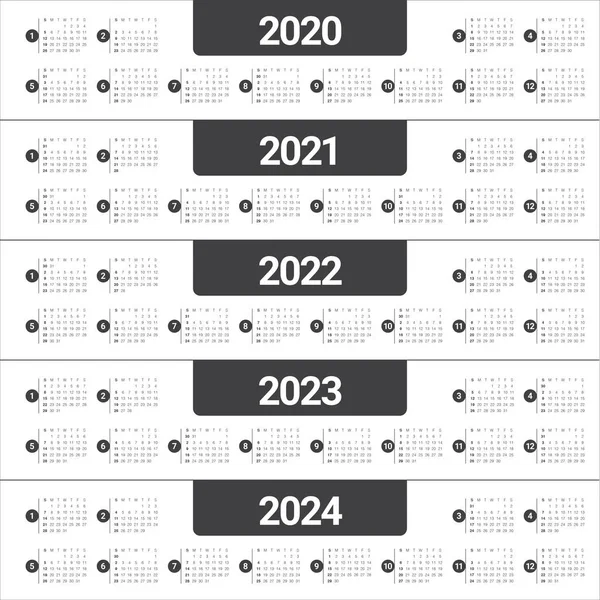 Év 2020 2021 2022 2023 2024 naptár vektor tervezősablon — Stock Fotó