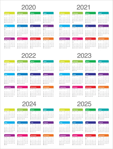 Año 2020 2021 2022 2023 2024 2025 calendario vector diseño templa —  Fotos de Stock