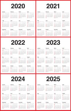 Yıl 2020 2021 2022 2023 2024 2025 takvim vektör tasarım templa