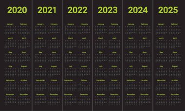 Yıl 2020 2021 2022 2023 2024 2025 takvim vektör tasarım templa