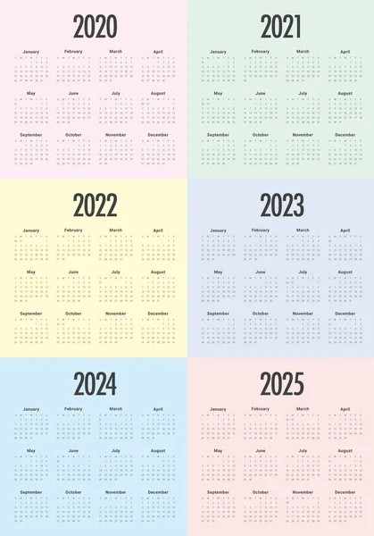 Año 2020 2021 2022 2023 2024 2025 calendario vector diseño templa —  Fotos de Stock