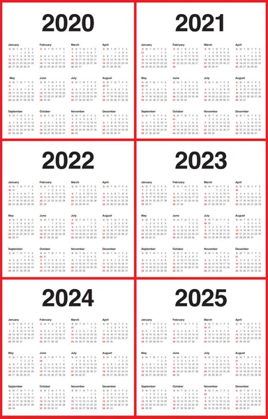 Rok 2020 2021 2022 2023 2024 2025 kalendarz wektor projekt Templa — Zdjęcie stockowe