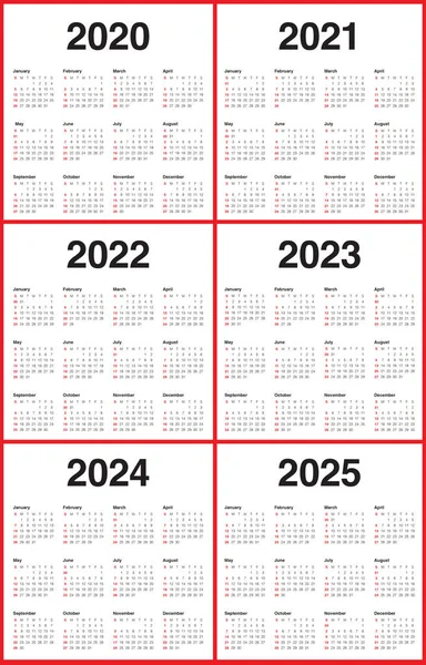 Año 2020 2021 2022 2023 2024 2025 calendario vector diseño templa — Foto de Stock