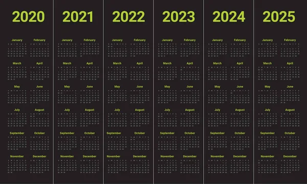 Anno 2020 2021 2022 2023 2024 2025 calendario vettoriale design templa — Foto Stock