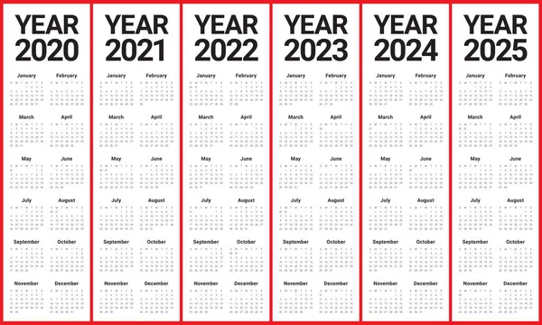 Año 2020 2021 2022 2023 2024 2025 calendario vector diseño templa — Foto de Stock