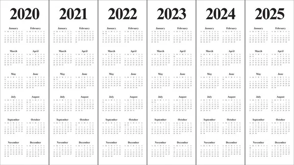 Año 2020 2021 2022 2023 2024 2025 calendario vector diseño templa — Foto de Stock