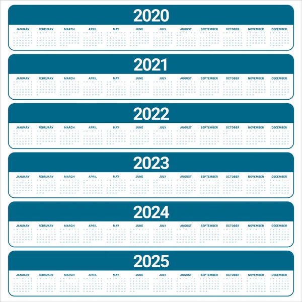 Év 2020 2021 2022 2023 2024 2025 naptár vektor tervezés templa — Stock Fotó