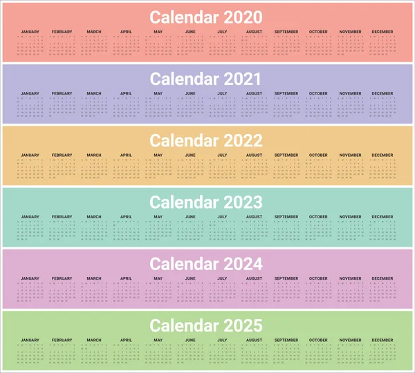 Año 2020 2021 2022 2023 2024 2025 calendario vector diseño templa — Foto de Stock