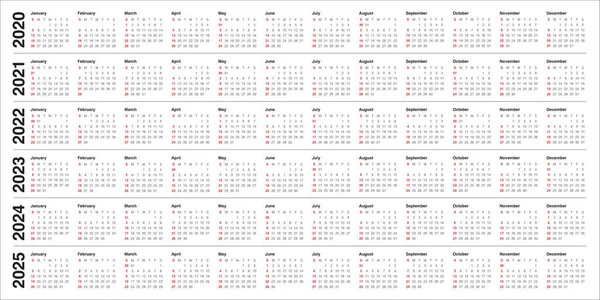 Yıl 2020 2021 2022 2023 2024 2025 takvim vektör tasarım templa