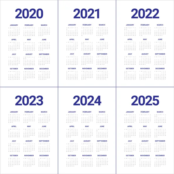 Año 2020 2021 2022 2023 2024 2025 calendario vector diseño templa — Foto de Stock