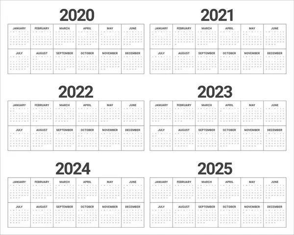 Año 2020 2021 2022 2023 2024 2025 calendario vector diseño templa — Foto de Stock