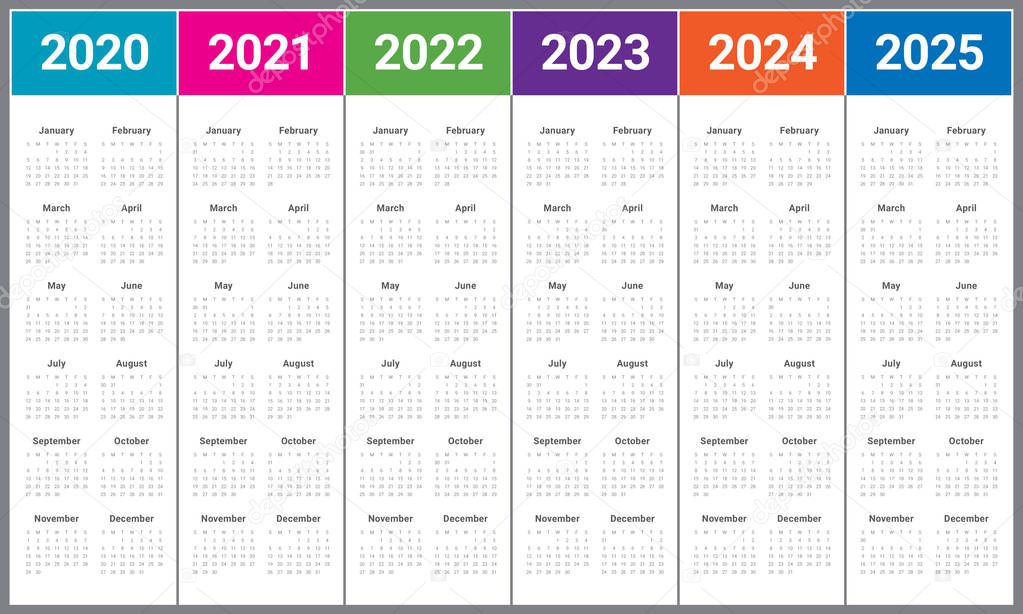 Year 2020 2021 2022 2023 2024 2025 calendar vector design templa