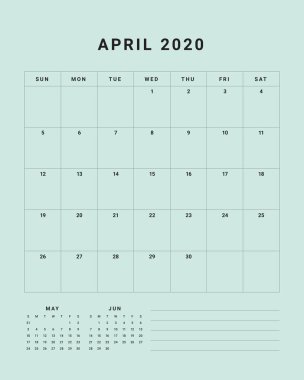 Nisan 2020 masa takvimi vektör illüstrasyon