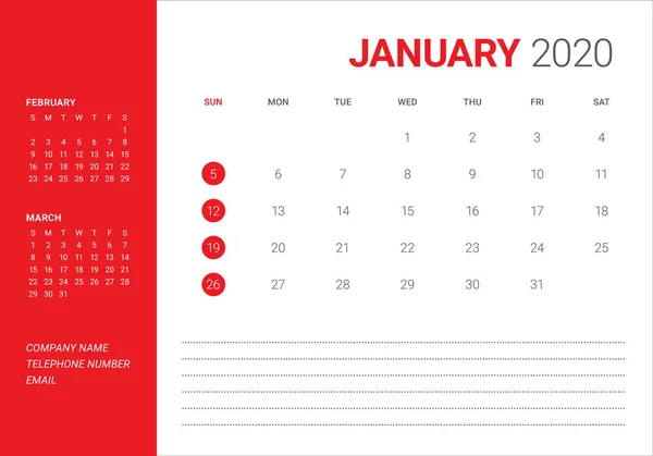 Січень 2020 Таблиця календаря Векторні ілюстрації — стоковий вектор