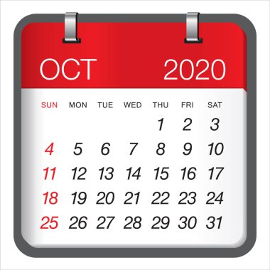 Ekim 2020 aylık takvim vektör illüstrasyon
