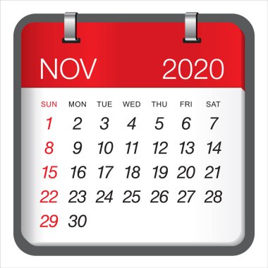 Kasım 2020 aylık takvim vektör illüstrasyon
