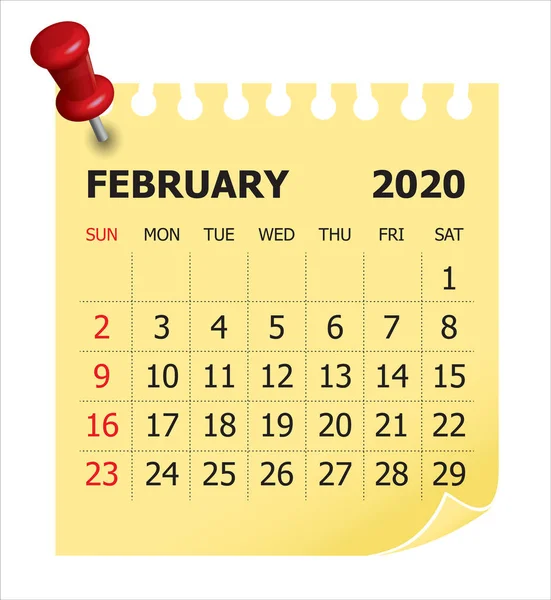 Fevereiro 2020 calendário mensal ilustração vetorial — Vetor de Stock