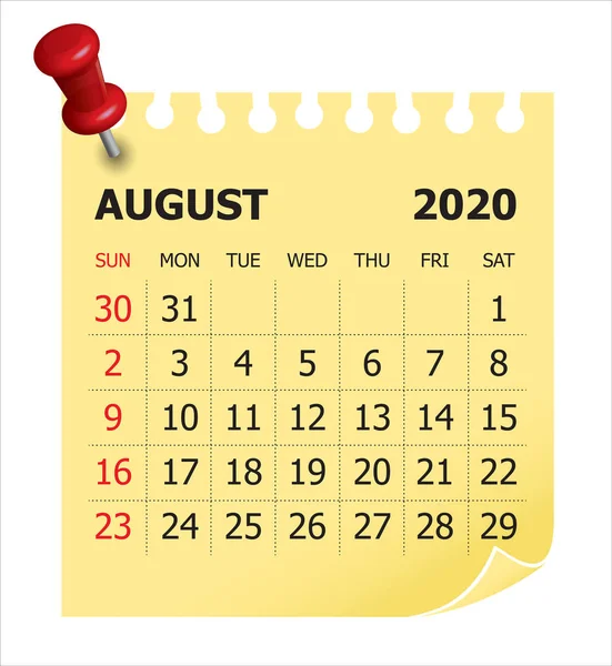 2020年8月月月カレンダーベクトルイラスト — ストックベクタ