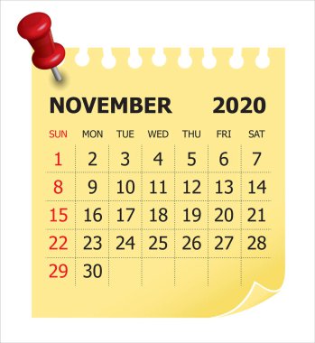 Kasım 2020 aylık takvim vektör illüstrasyon
