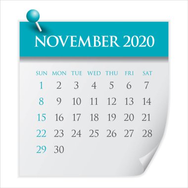 Kasım 2020 aylık takvim vektör illüstrasyon