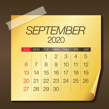 Eylül 2020 aylık takvim vektör illüstrasyon