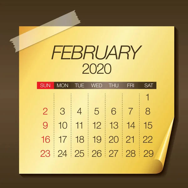 Fevereiro 2020 calendário mensal ilustração vetorial — Vetor de Stock