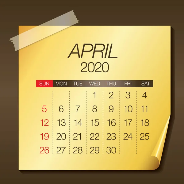 Abril 2020 ilustração vetor calendário mensal — Vetor de Stock