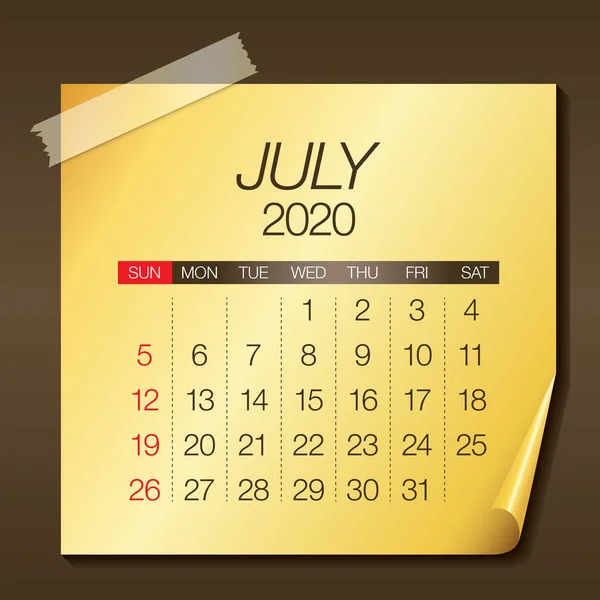 2020年7月月カレンダーベクトルイラスト — ストックベクタ