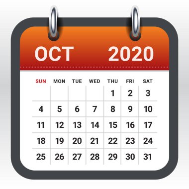 Ekim 2020 aylık takvim vektör illüstrasyon
