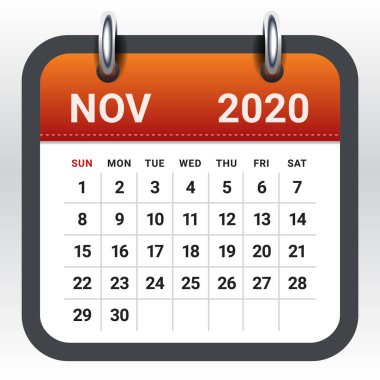 Kasım 2020 aylık takvim vektör illüstrasyon
