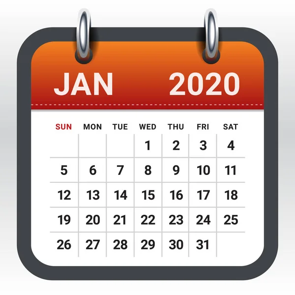 Janeiro 2020 ilustração vetor calendário mensal — Vetor de Stock