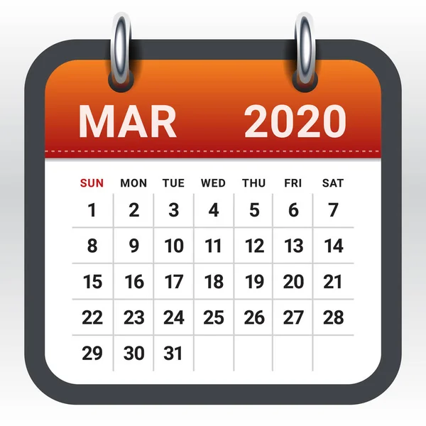 Березень 2020 місячний календар Векторні ілюстрації — стоковий вектор