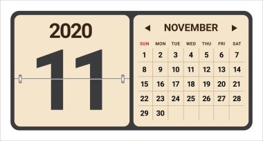 Kasım 2020 aylık takvim vektör illüstrasyon