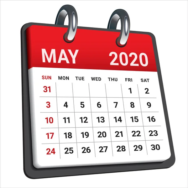 Maio 2020 ilustração vetor calendário mensal — Vetor de Stock