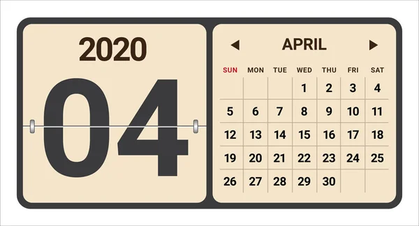 Abril 2020 ilustração vetor calendário mensal — Vetor de Stock