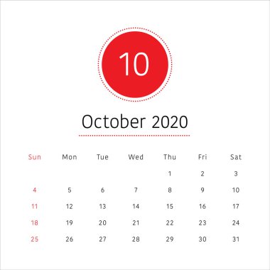 Ekim 2020 masa takvimi vektör illüstrasyon