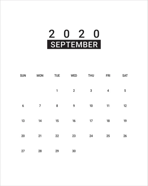 Setembro 2020 mesa calendário vetor ilustração — Vetor de Stock