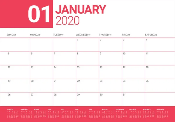 Janeiro 2020 tabela calendário vetor ilustração — Vetor de Stock