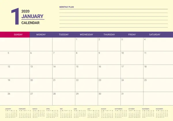 Calendrier de bureau janvier 2020 illustration vectorielle — Image vectorielle