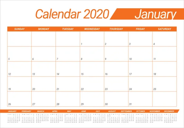 Enero 2020 escritorio calendario vector ilustración — Vector de stock