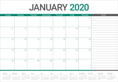 Ocak 2020 masa takvimi vektör illüstrasyon