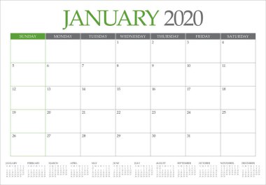 Ocak 2020 masa takvimi vektör illüstrasyon