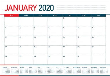 Ocak 2020 masa takvimi vektör illüstrasyon