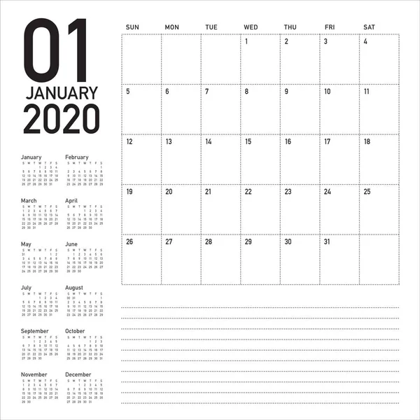 Janeiro 2020 tabela calendário vetor ilustração — Vetor de Stock